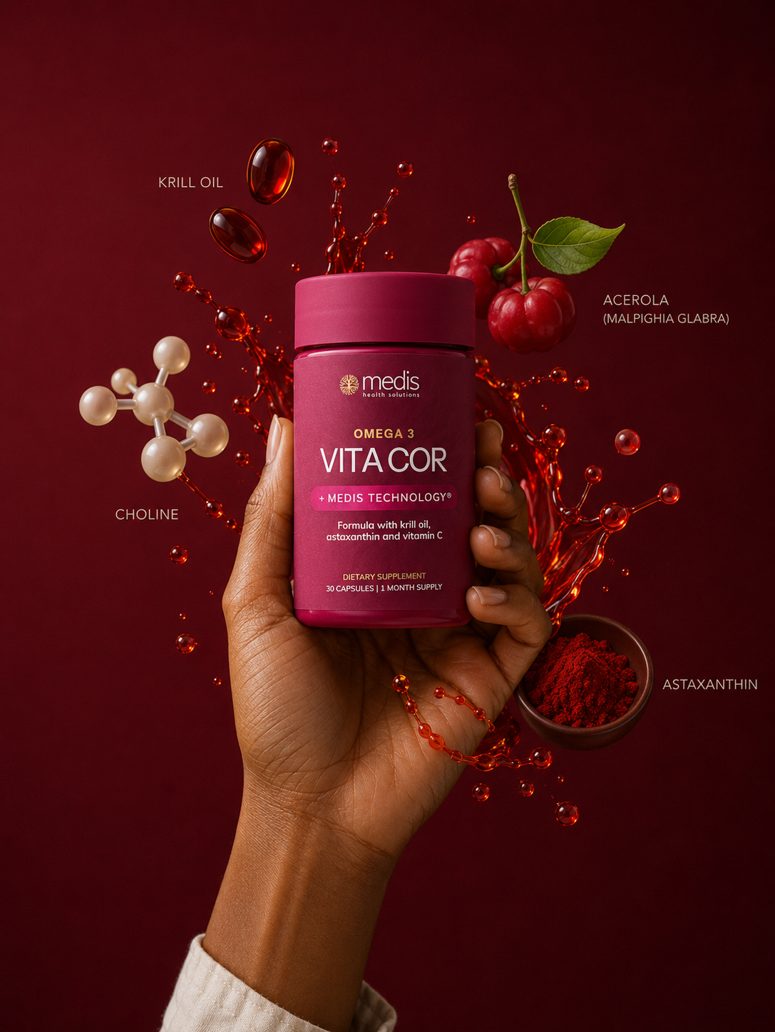 Hand holding a pink supplement container labeled 'Vita Cor' against a red background with nutritional elements.
