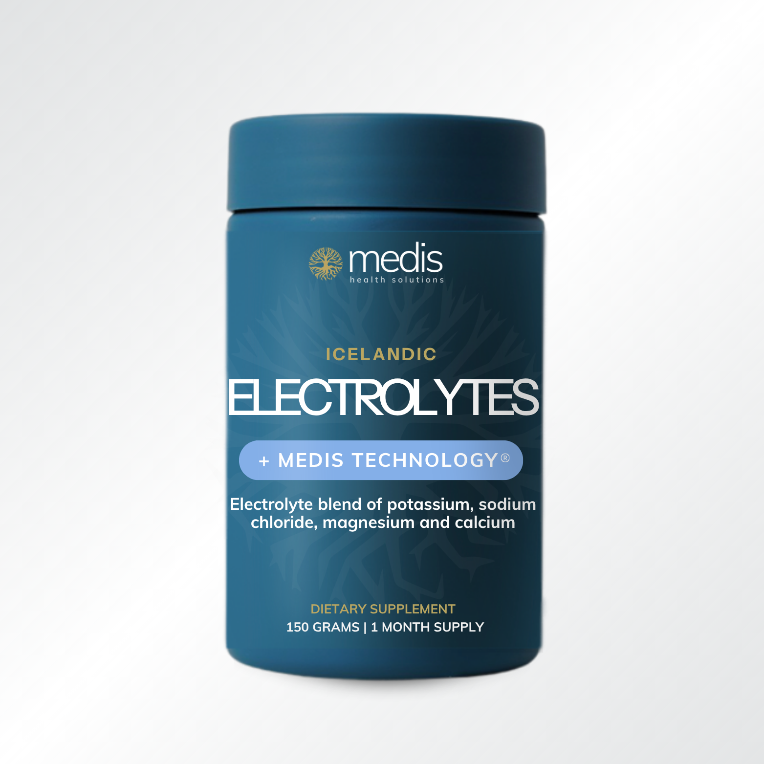 Blue container of Icelandic Electrollytes with Medis branding on a white background