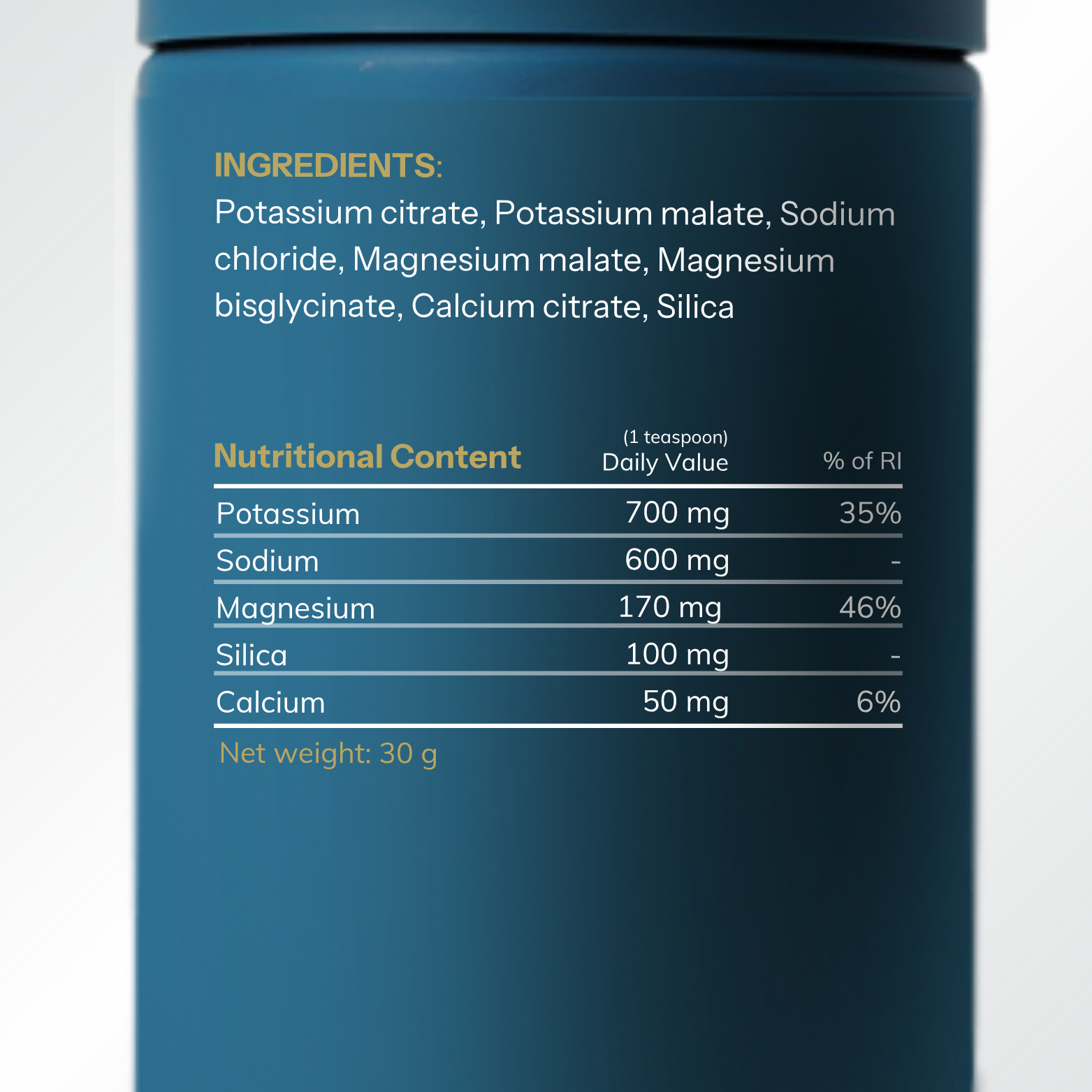 Blue supplement container with ingredient and nutritional content label on a white background