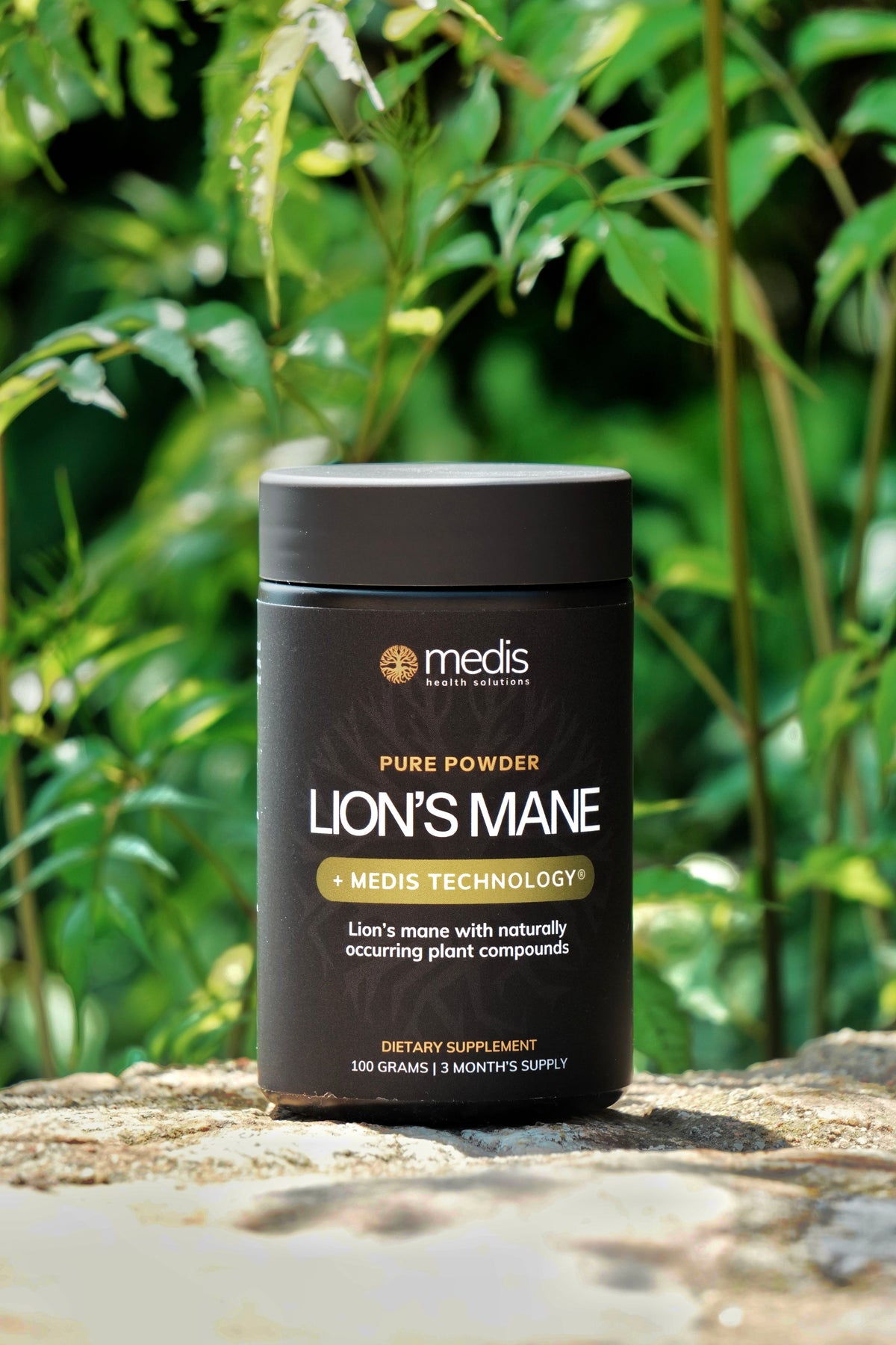 A black jar of Medis Lion's Mane dietary supplement placed on a stone surface with a blurred green garden background.