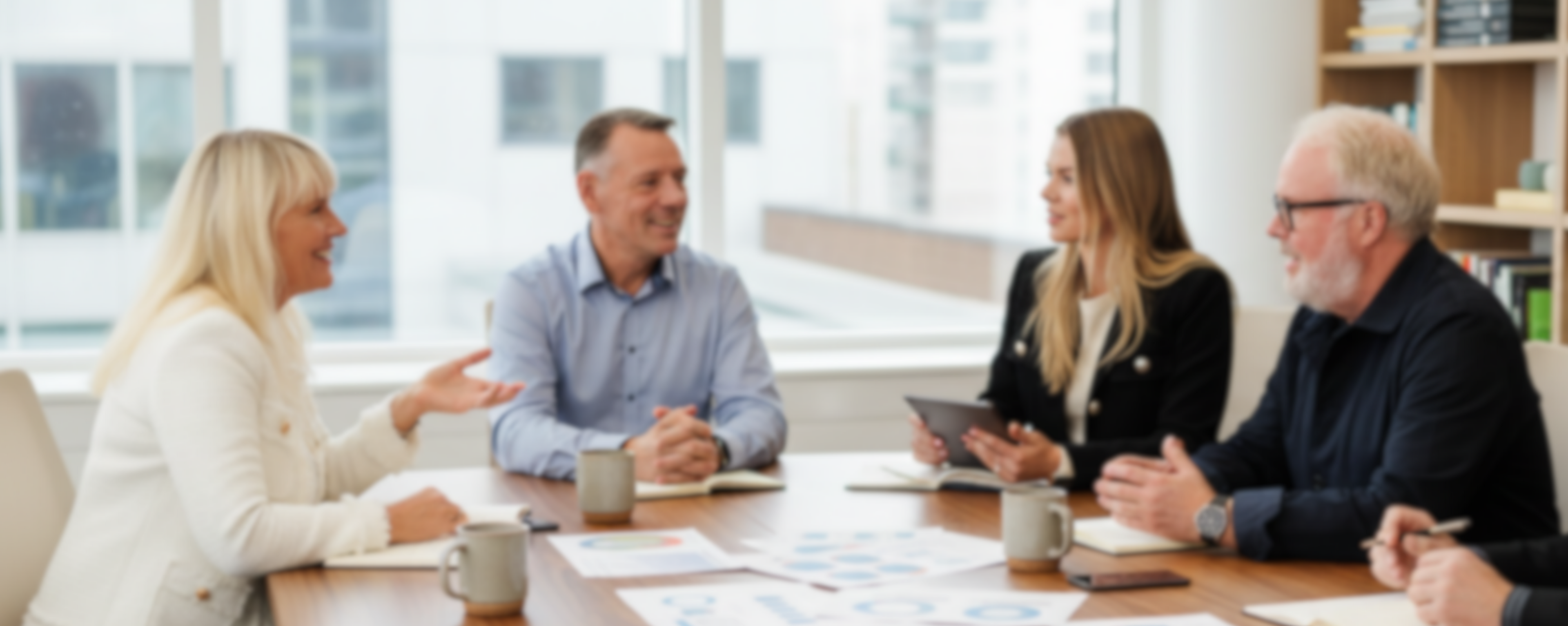Group of people in a meeting around a conference table with documents and coffee cups.