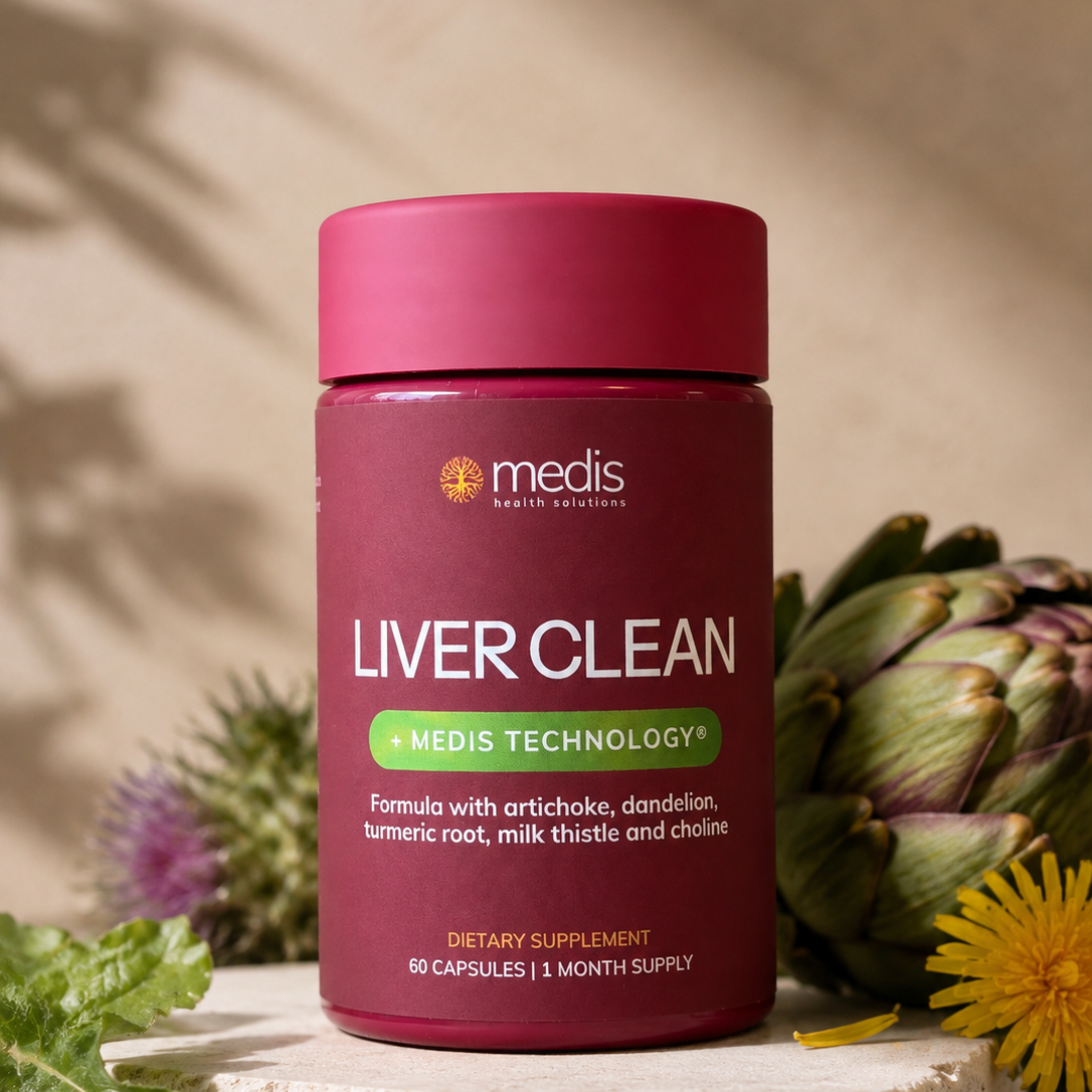 A bottle of Medis Liver Clean dietary supplement, styled on a stone pedestal with artichokes and green leaves in the background.